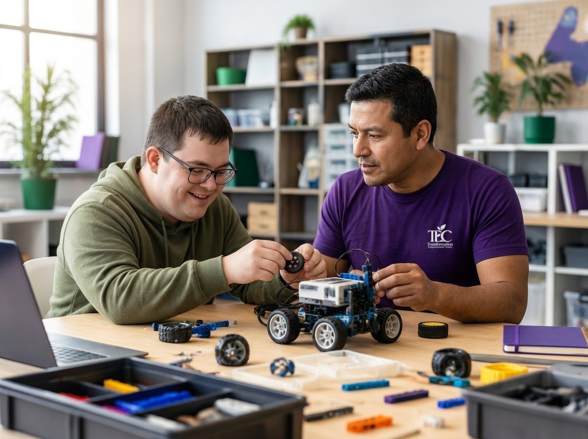 An adult participant building a robotics project with a TEC staff professional in branded apparel