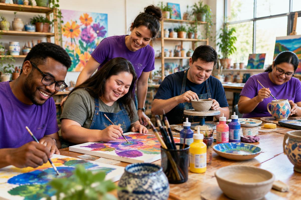Adults painting and creating pottery together