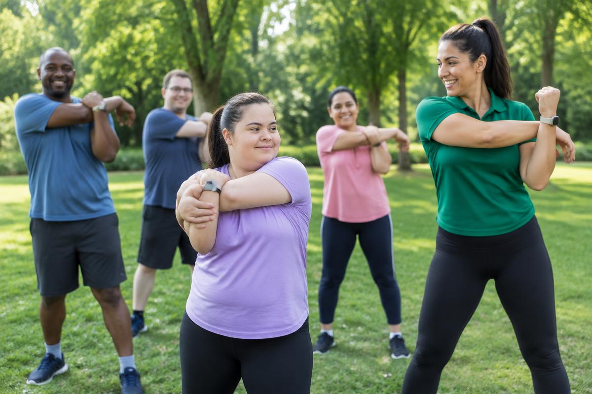 Adults enjoying a wellness class outdoors