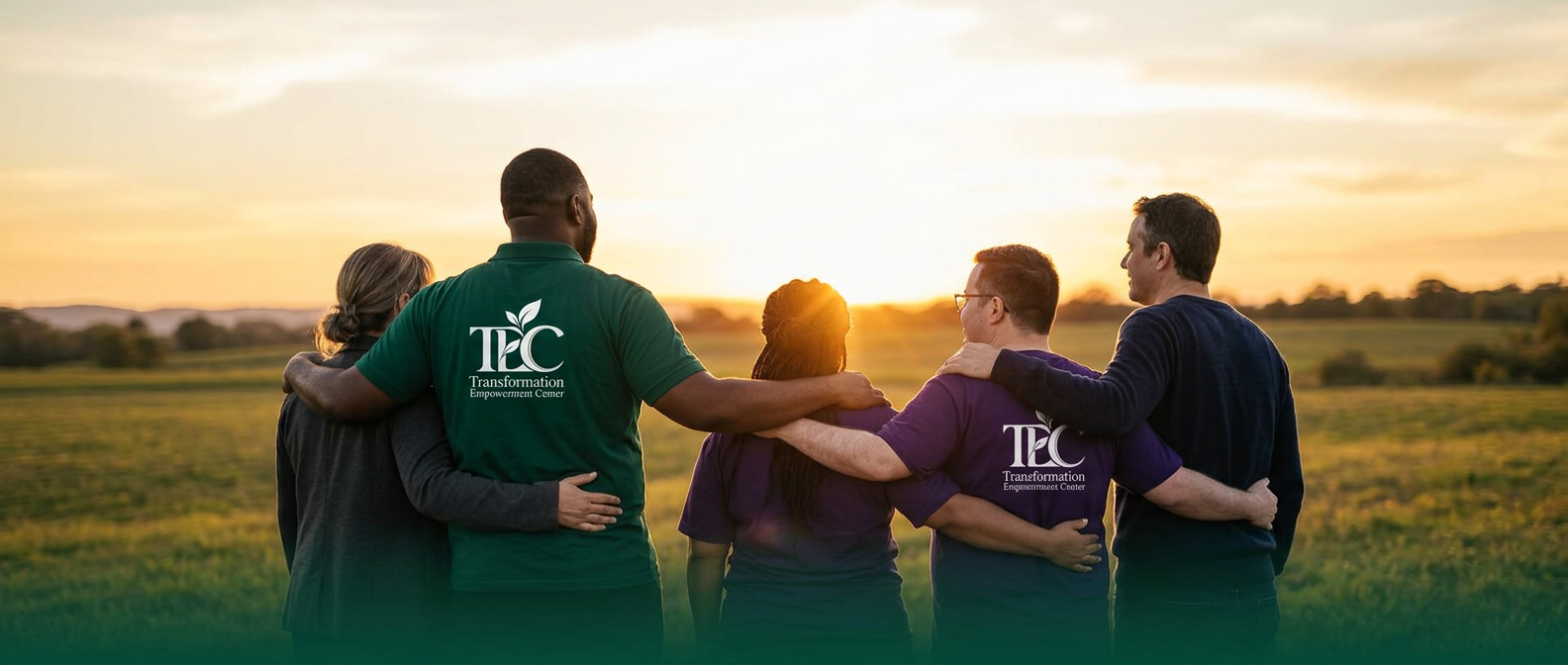 TEC participants and staff in emerald and purple branded shirts gathered together at golden hour