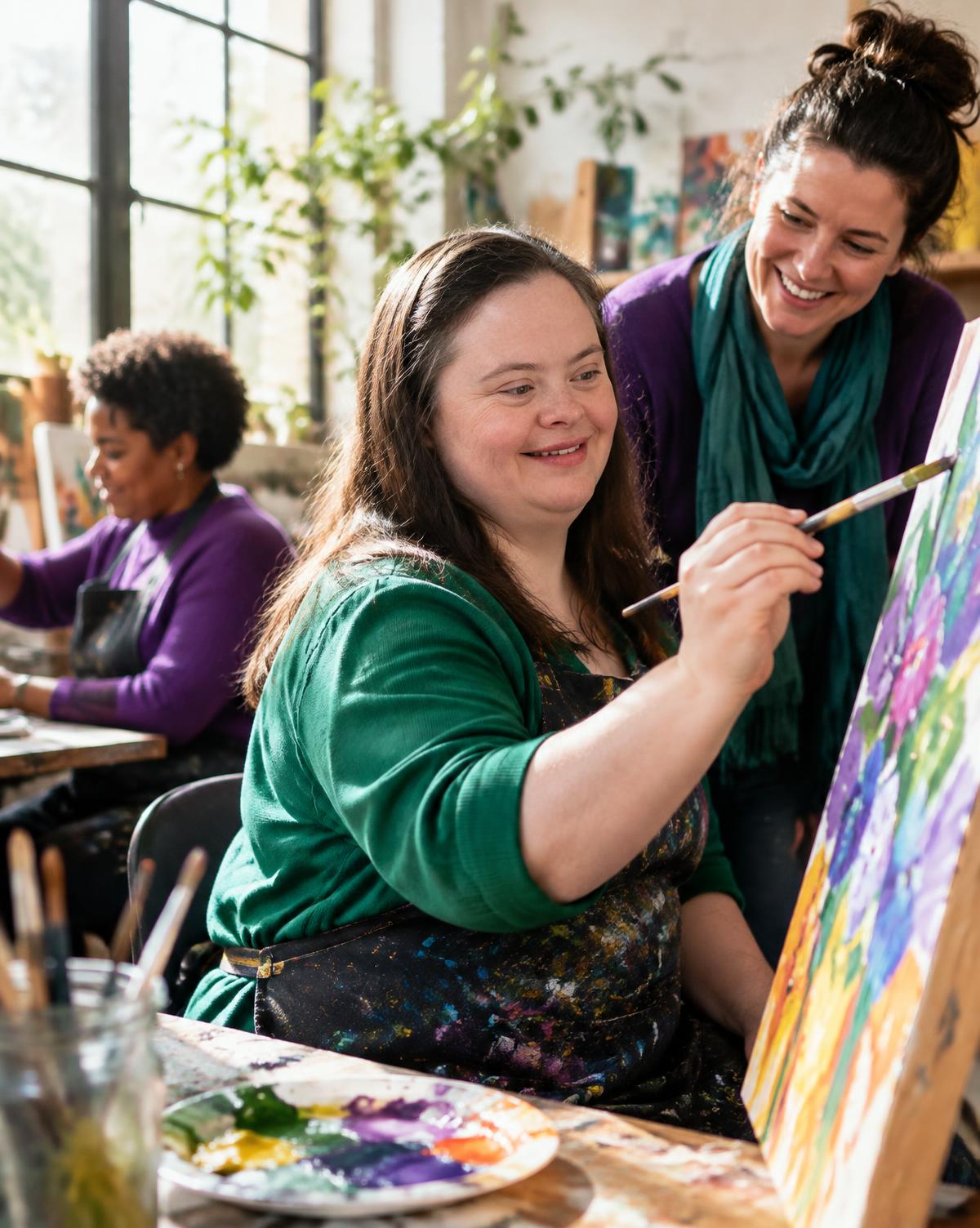 An adult TEC participant painting confidently in a bright art studio